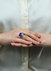 21.37 Carat Cushion Cut Blue Sapphire & Pink Sapphire Three-Stone Ring in Platinum