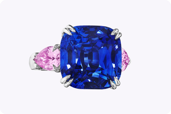 21.37 Carat Cushion Cut Blue Sapphire & Pink Sapphire Three-Stone Ring in Platinum