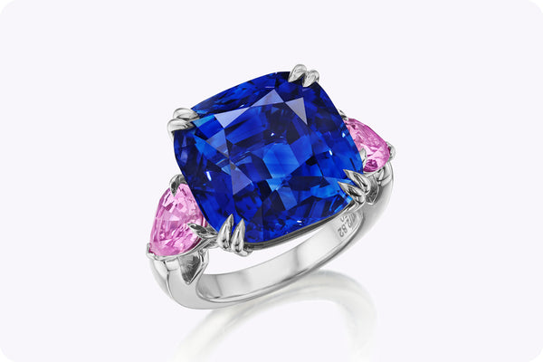 21.37 Carat Cushion Cut Blue Sapphire & Pink Sapphire Three-Stone Ring in Platinum