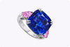 21.37 Carat Cushion Cut Blue Sapphire & Pink Sapphire Three-Stone Ring in Platinum