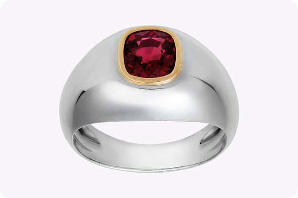 2.10 Carat Cushion-Cut Ruby Men's Ring in Yellow Gold and Platinum