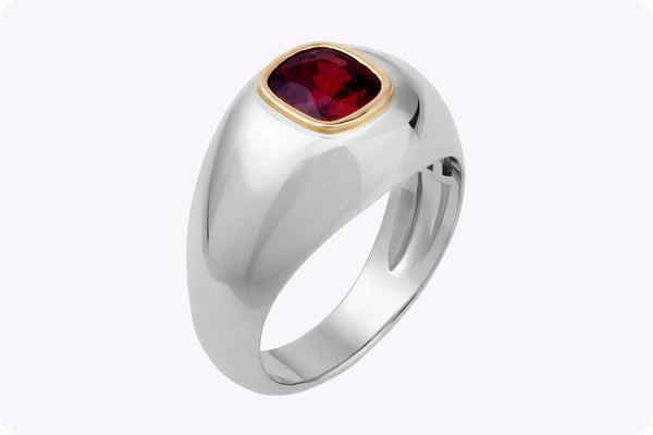 2.10 Carat Cushion-Cut Ruby Men's Ring in Yellow Gold and Platinum
