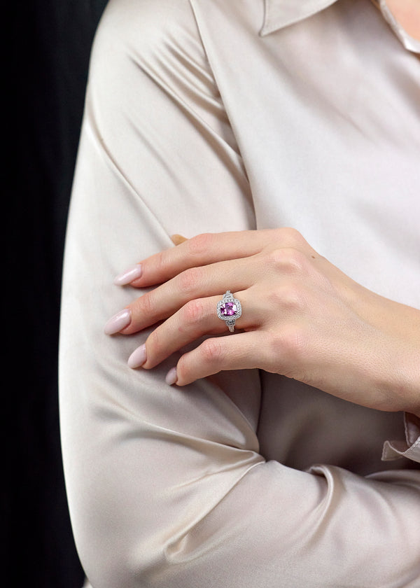 1.76-Carat Cushion-Cut Pink Sapphire & Diamond Halo Engagement Ring in White Gold