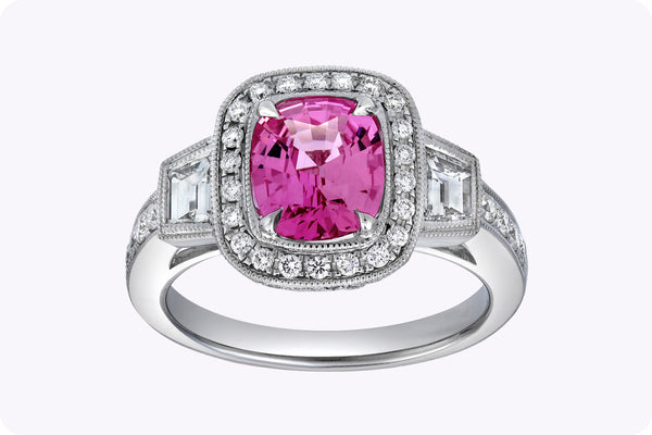 1.76-Carat Cushion-Cut Pink Sapphire & Diamond Halo Engagement Ring in White Gold