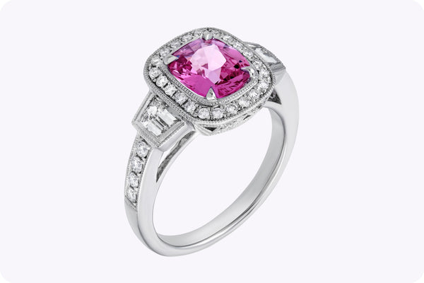 1.76-Carat Cushion-Cut Pink Sapphire & Diamond Halo Engagement Ring in White Gold