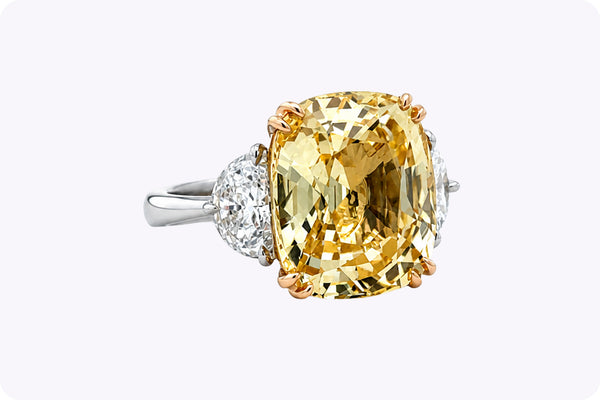 14.13 Carat Cushion-Cut No-Heat Yellow Sapphire Three-Stone Ring in Yellow Gold & Platinum