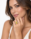 14.13 Carat Cushion-Cut No-Heat Yellow Sapphire Three-Stone Ring in Yellow Gold & Platinum