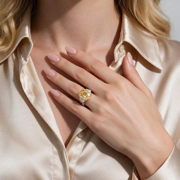 14.13 Carat Cushion-Cut No-Heat Yellow Sapphire Three-Stone Ring in Yellow Gold & Platinum