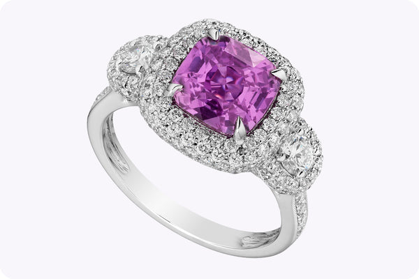 4.25 Carats Total Cushion Cut Sapphire Three-Stone Engagement Ring in White Gold