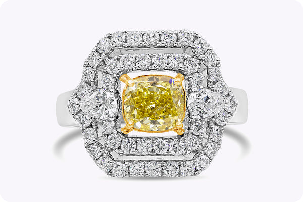 GIA Certified 1.32 Carats Cushion Cut Yellow Diamond Double Halo Engagement Ring in White Gold