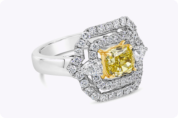 GIA Certified 1.32 Carats Cushion Cut Yellow Diamond Double Halo Engagement Ring in White Gold