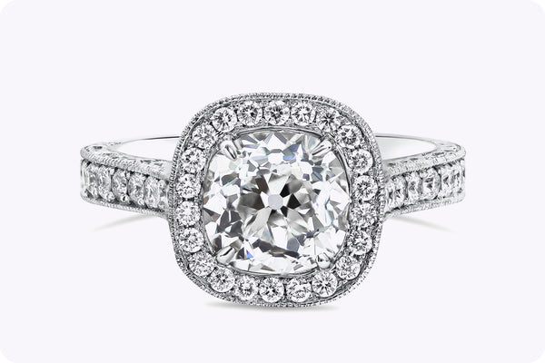 GIA Certified 2.10 Carats Old Mine Brilliant Cut Diamond Halo Engagement Ring in White Gold