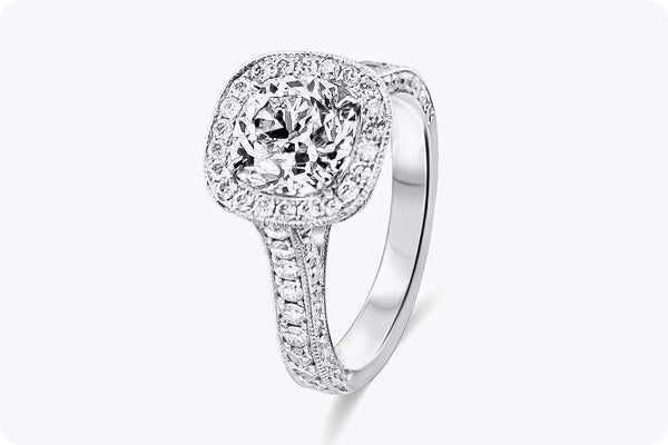 GIA Certified 2.10 Carats Old Mine Brilliant Cut Diamond Halo Engagement Ring in White Gold