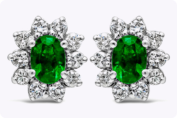 1.52 Carat Total Emerald with Diamond Halo Stud Earrings in White Gold