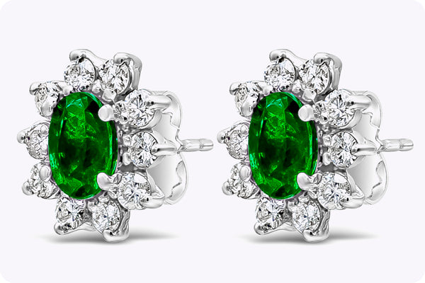 1.52 Carat Total Emerald with Diamond Halo Stud Earrings in White Gold