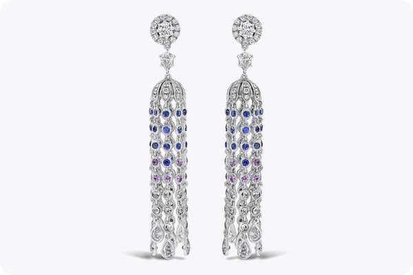 3.57 Carats Diamond and Blue Sapphire Chandelier Tassel Earrings in White Gold