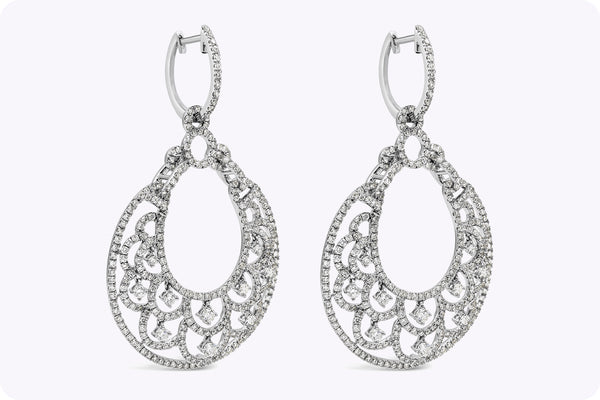 4.68 Carat Total Round Diamond Open Work Croissant Shape Dangle Earrings in White Gold