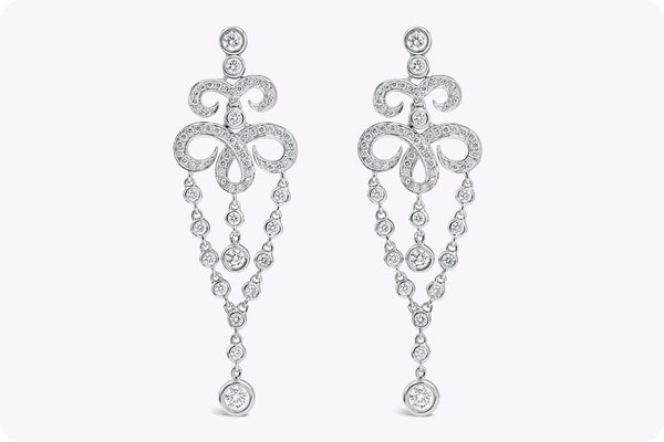 1.85 Carats Total Brilliant Round Diamond Filigree Fringe Dangle Earrings in White Gold