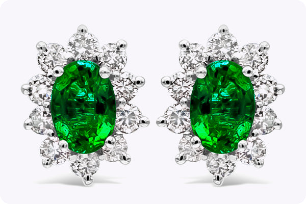 1.37 Carat Total Emerald with Diamond Halo Stud Earrings in White Gold