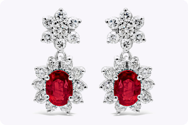 3.44 Carats Total Oval Cut Ruby and Round Diamond Dangle Earrings in White Gold