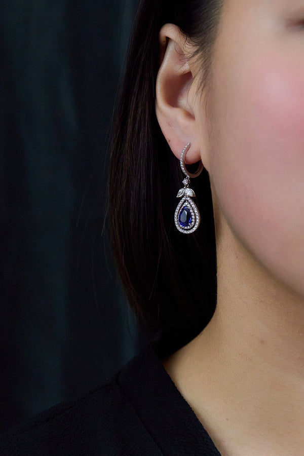 sapphire and diamond double halo dangle earrings