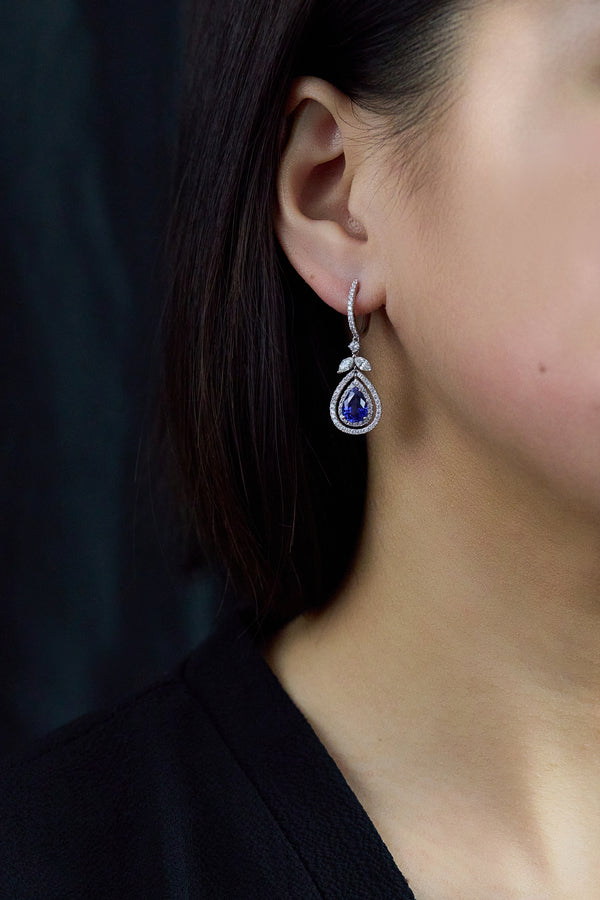 sapphire and diamond double halo dangle earrings