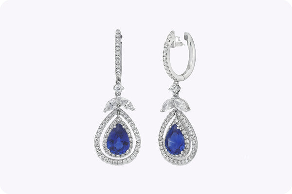 sapphire and diamond double halo dangle earrings