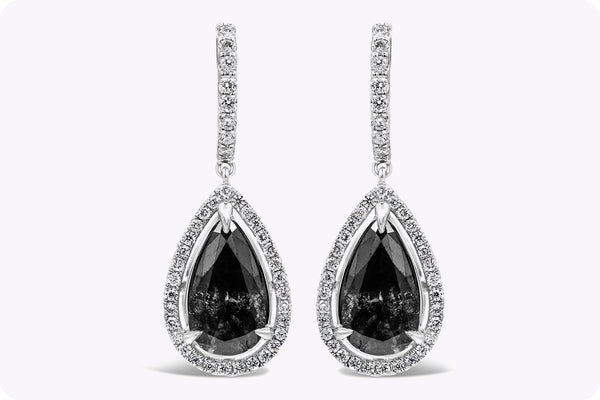 3.17 Carats Total Pear Shape Black Diamond Halo Dangle Earrings in White Gold