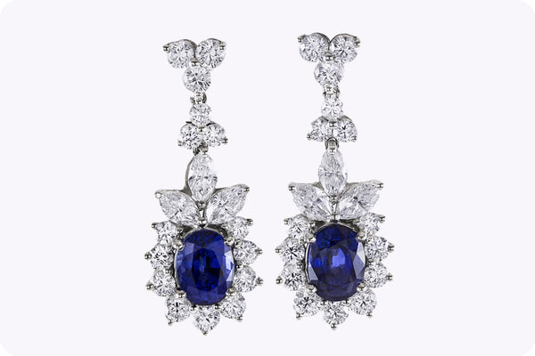 3.72 Carats Oval Cut Blue Sapphire and Diamond Halo Dangle Earrings in White Gold