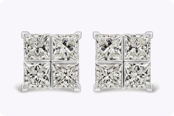 8.17 Carats Total Princess Cut Diamond Cluster Stud Earrings in White Gold