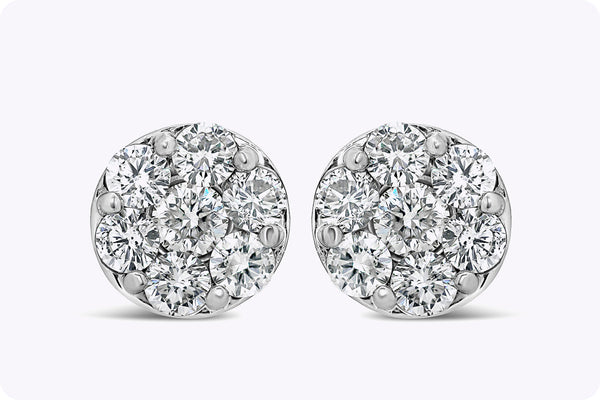 1.75 Carats Total Brilliant Round Diamond Cluster Stud Earrings in White Gold and Platinum