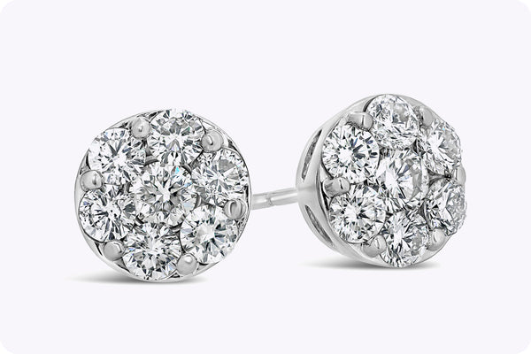 1.75 Carats Total Brilliant Round Diamond Cluster Stud Earrings in White Gold and Platinum