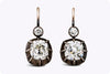 Antique 4.97 Carats Total Old Mine Cushion Cut Diamond Silver Earrings in Yellow Gold