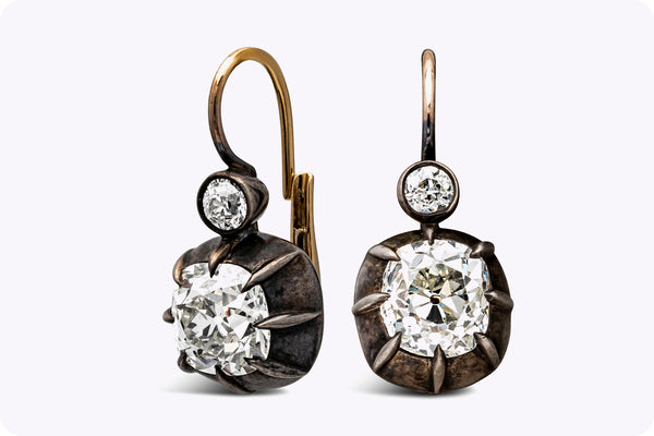 Antique 4.97 Carats Total Old Mine Cushion Cut Diamond Silver Earrings in Yellow Gold