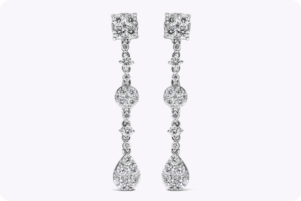 1.78 Carats Total Round Brilliant Cut Diamond Cluster Drop Earrings in White Gold