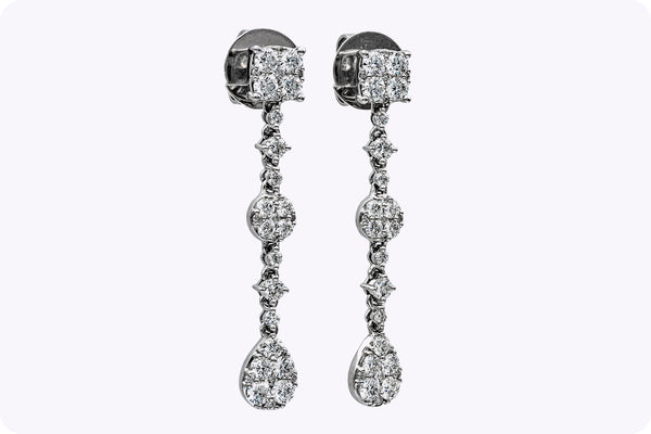 1.78 Carats Total Round Brilliant Cut Diamond Cluster Drop Earrings in White Gold