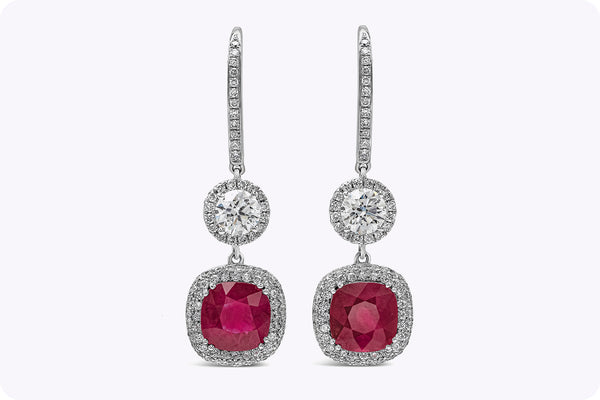 4.15 Carat Cushion Cut Ruby and Diamond Halo Dangle Earrings in White Gold