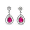 2.20 Carat Pear Shape Ruby with Diamond Double Halo Dangle Earring in White Gold