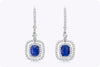 2.19 Carats Cushion Cut Sapphire & Diamond Halo Dangle Earrings in White Gold