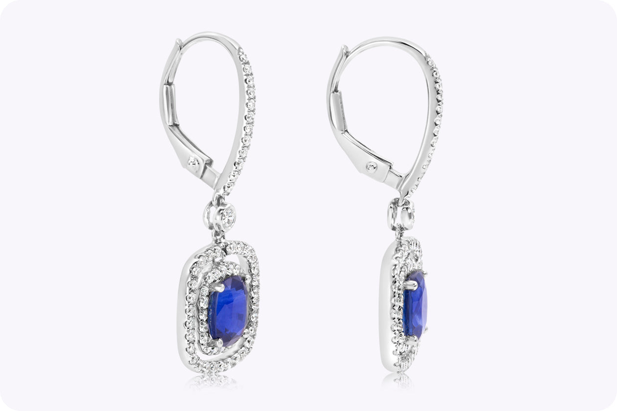 2.19 Carats Cushion Cut Sapphire & Diamond Halo Dangle Earrings in White Gold