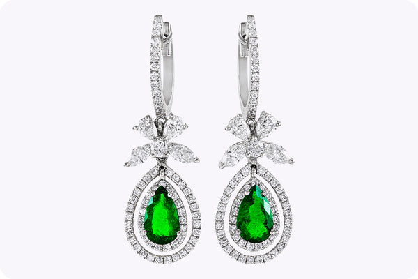 1.14 Carats Total Pear Shape Emerald with Diamond Dangle Earrings in White Gold