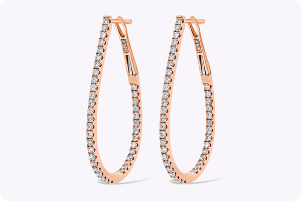 1.44 Carats Round Diamond Tear Drop Hoop Earrings in Rose Gold