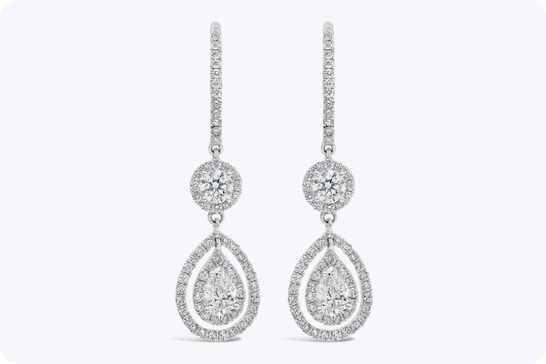 1.71 Carats Total Diamond Double Halo Dangle Earrings in White Gold