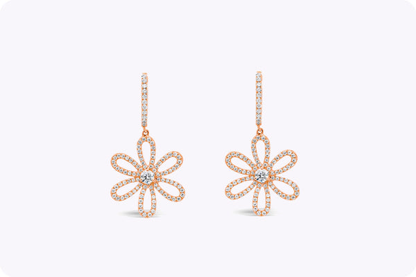 1.02 Carat Round Diamond Dangle Flower Earrings in 18k Rose Gold