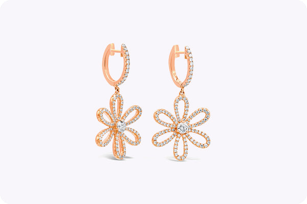 1.02 Carat Round Diamond Dangle Flower Earrings in 18k Rose Gold