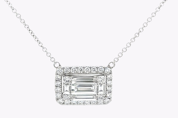 1.25 Carats Total Baguette & Round Cut Diamond Illusion Pendant Necklace in White Gold