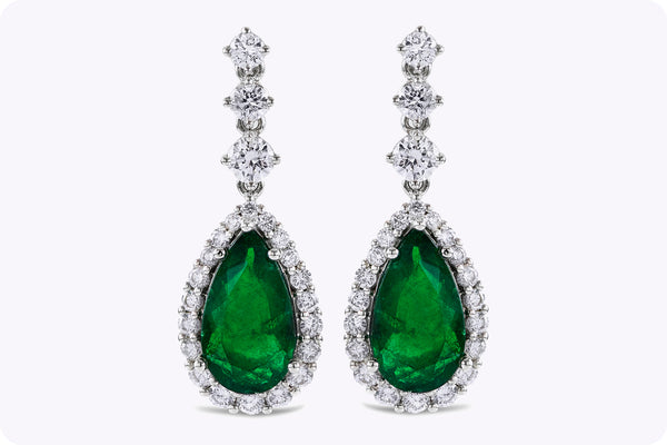 3.37 Carats Total Pear Shape Green Emerald and Diamond Halo Dangle Earrings in White Gold