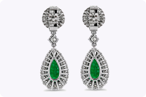 3.37 Carats Total Pear Shape Green Emerald and Diamond Halo Dangle Earrings in White Gold