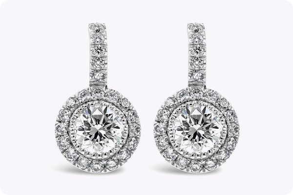 2.63 Carats Total Round Brilliant Diamond Halo Dangle Earrings in Platinum