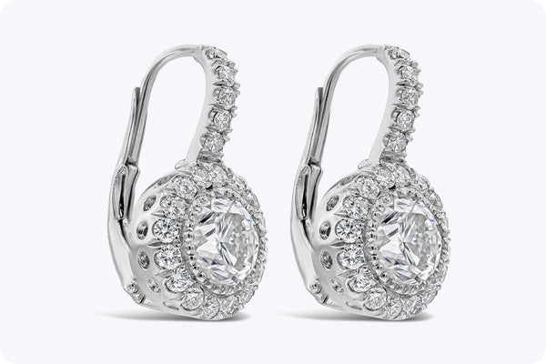 2.63 Carats Total Round Brilliant Diamond Halo Dangle Earrings in Platinum